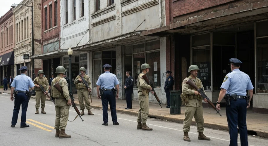 National Guard soldiers armed with rifles stand alert on a street in Memphis, Tennessee, in 1968, wi