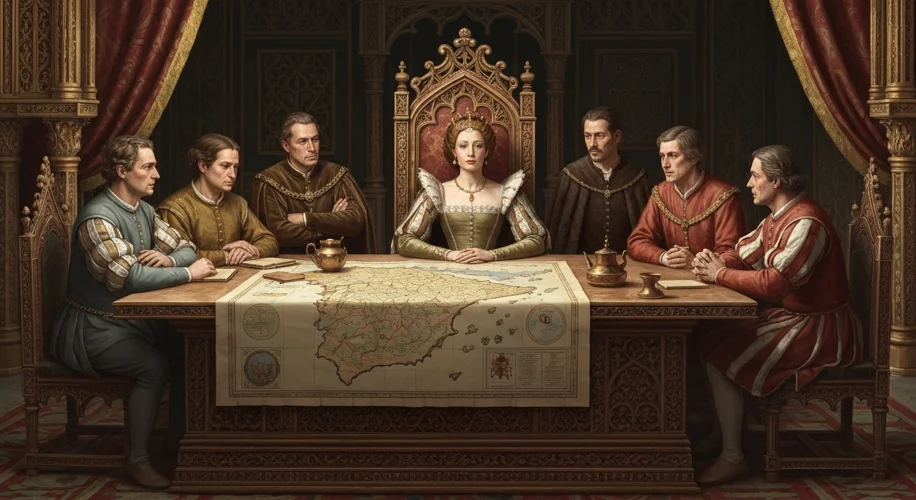 A medieval queen, Isabella I of Castile, is depicted in a richly adorned chamber, consulting with ad