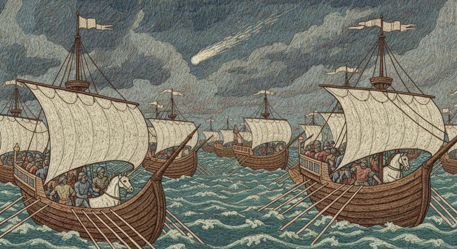An illustration of Norman ships sailing across a rough sea, with soldiers and horses visible on deck
