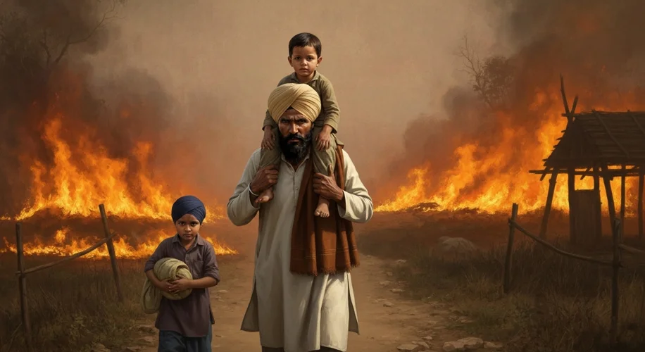A poignant scene of a Sikh family, the father carrying a young child on his shoulders and the mother