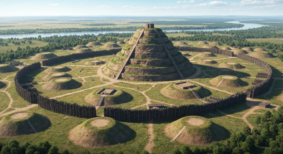 An aerial view of a vast ancient city with a massive earthen pyramid-like mound at its center, surro