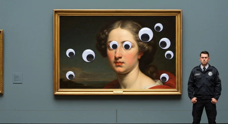 An art gallery with a classical painting on the wall. The painting has large, comical googly eyes st