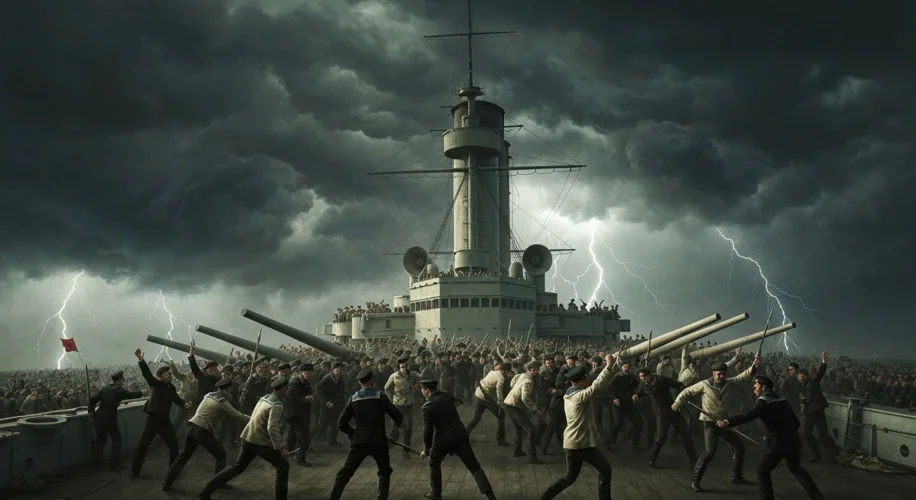 A dramatic scene of the Battleship Potemkin, with sailors on deck looking defiant, under a stormy sk