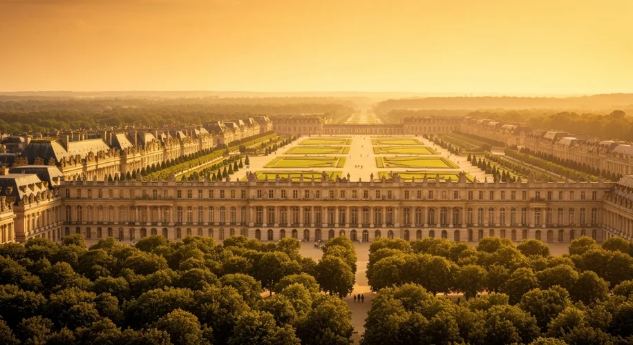 A panoramic view of the Palace of Versailles bathed in golden sunlight, with manicured gardens stret