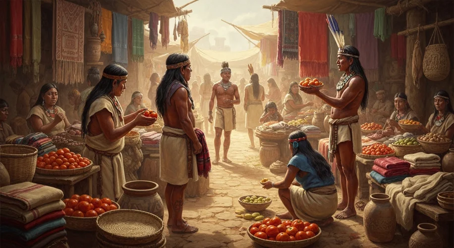 An ancient Aztec marketplace with indigenous people trading small, vibrant red and yellow wild tomat