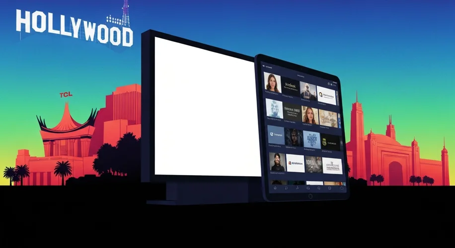 A dynamic illustration showing a modern cinema screen transitioning into a digital streaming interfa