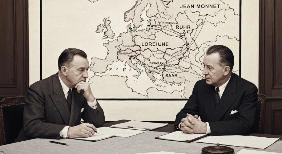 Robert Schuman and Jean Monnet in discussion, with a map of Europe showing coal and steel regions, s