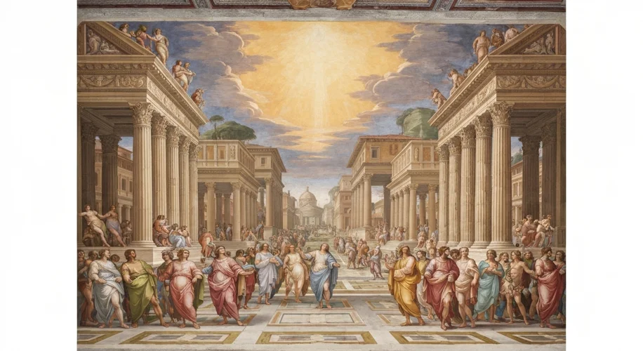 A vibrant fresco depicting the grandeur of ancient Rome, with figures in classical attire looking to