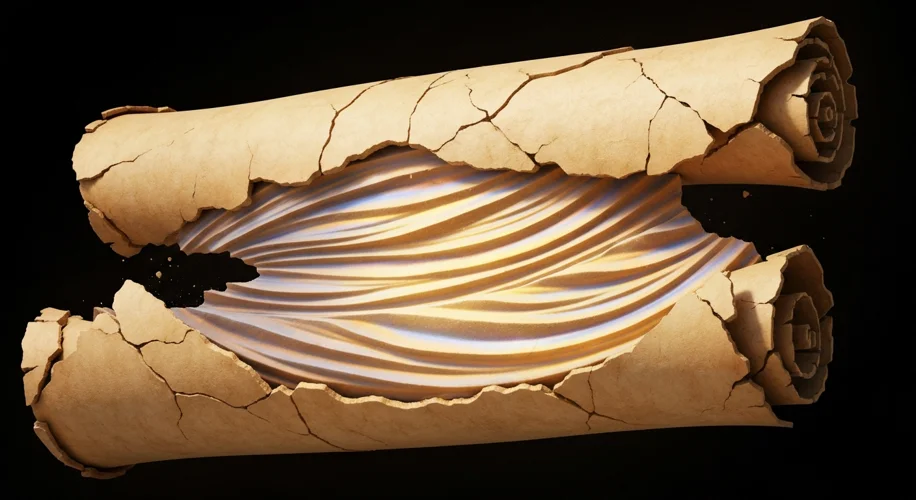 A stylized image of a historical document being unfurled, revealing layers of new annotations and in