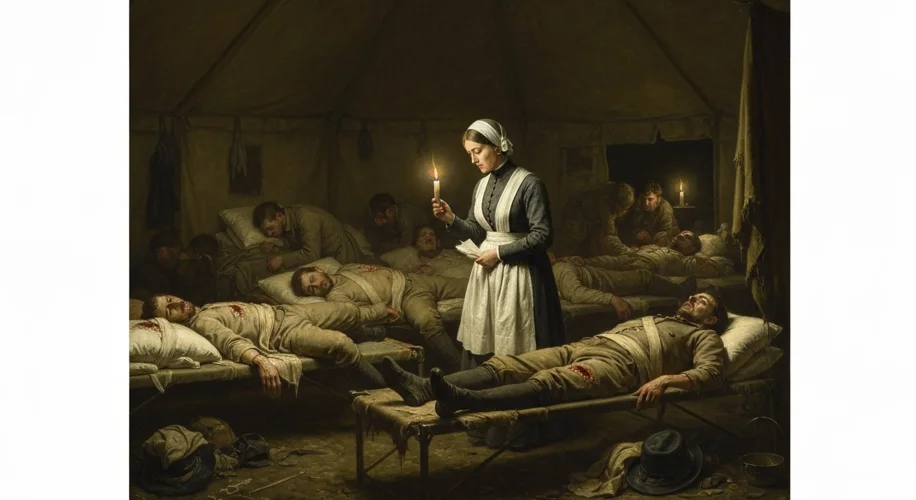 A poignant illustration of Florence Nightingale tending to wounded soldiers in a dimly lit field hos