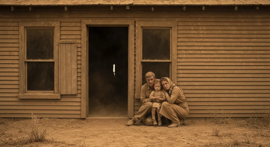 A family huddles inside their dust-covered farmhouse during a Dust Bowl storm, Oklahoma, 1930s.