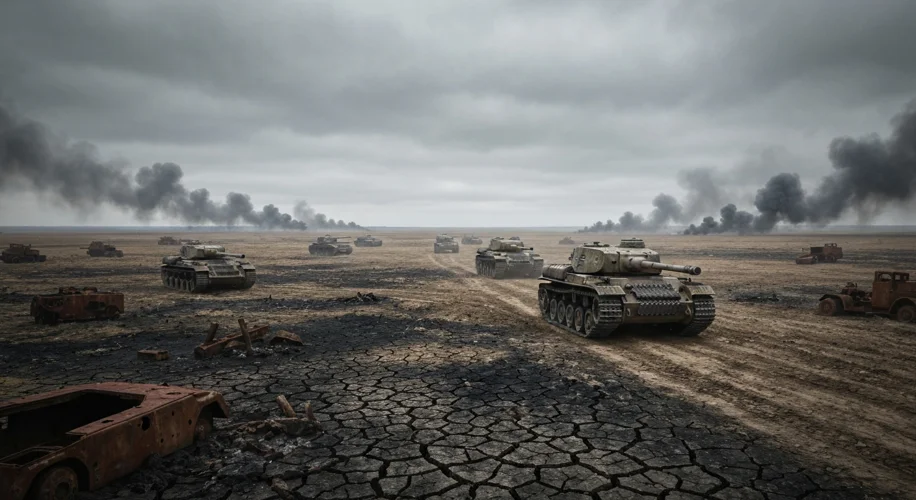 A vast field of scorched earth in Ukraine, with smoke rising in the distance and scattered remnants 