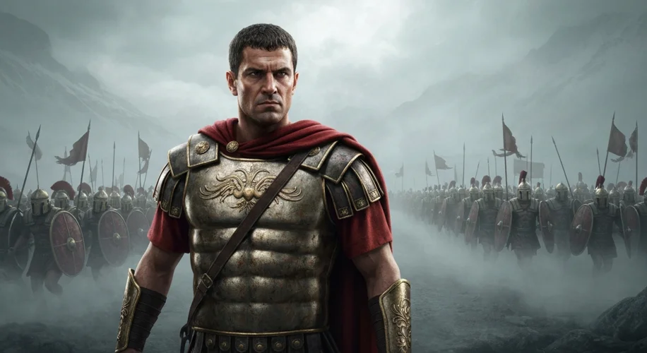 A stern-faced Roman emperor, likely Caracalla, stands in military armor, surveying a vast Roman legi