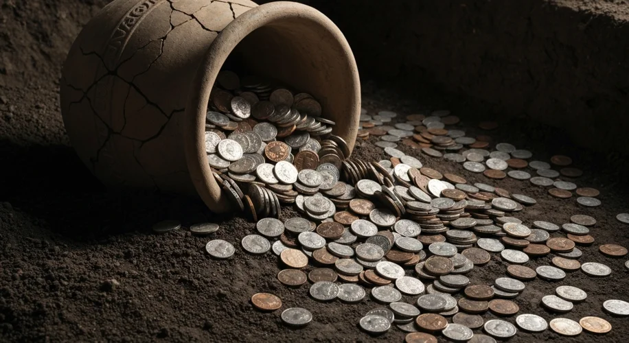 A large, weathered Roman clay pot spilling out thousands of ancient Roman silver and bronze coins on