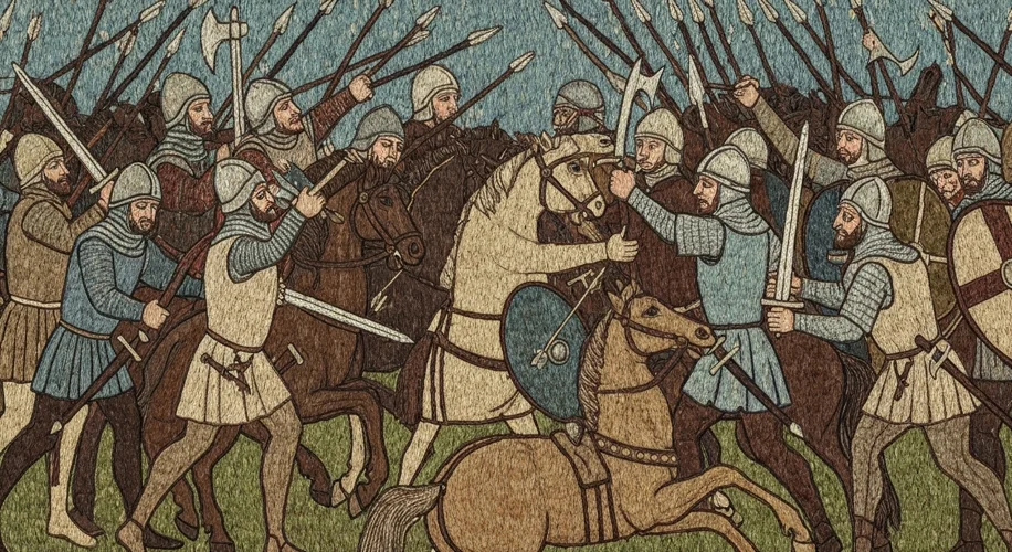 A detailed depiction of the Battle of Hastings as shown in the Bayeux Tapestry. Soldiers in Norman a