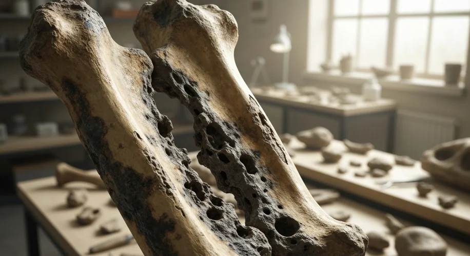 A close-up view of a dinosaur femur fossil, showing signs of a severe bone infection with porous and