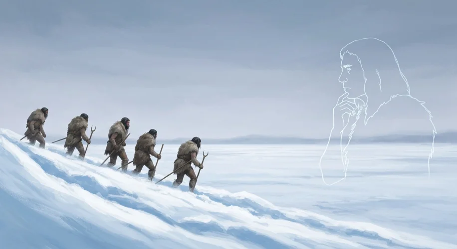 An illustration of early humans crossing a frozen Beringia land bridge, with a faint, ghostly outlin