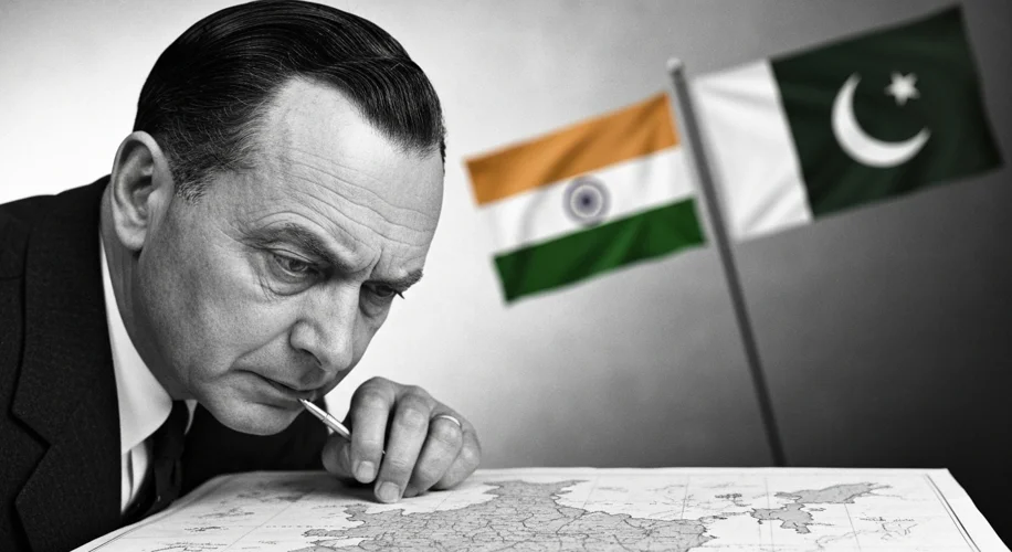 A black and white photograph of Lord Mountbatten looking intently at a map of India, with Indian and