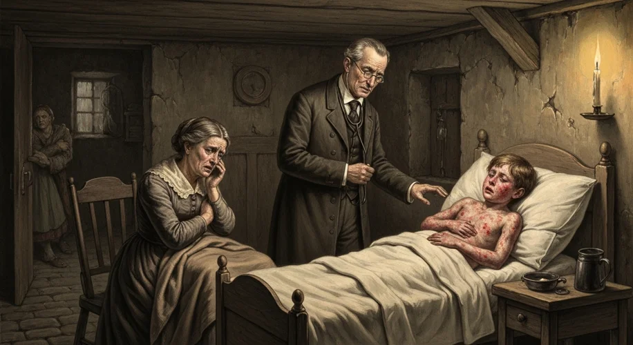 A 19th-century illustration depicting a grim scene in a crowded, dimly lit room where a sick child w