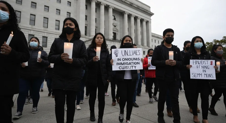 A somber procession of diverse individuals, perhaps family members or advocates, holding candles and