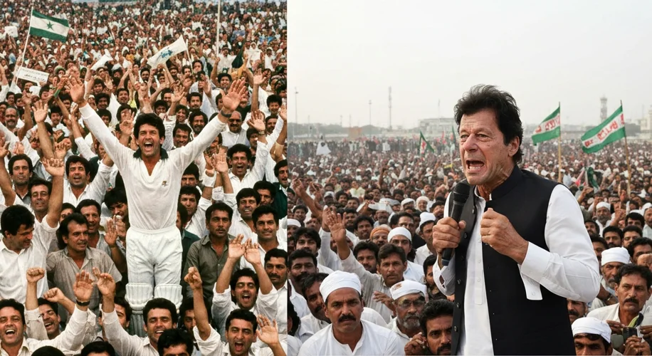 A split image: one half shows a jubilant crowd celebrating Pakistan's 1992 Cricket World Cup victory