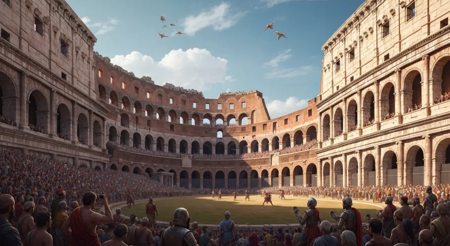 The majestic Roman Colosseum in its prime, filled with spectators, symbolizing the grandeur and powe
