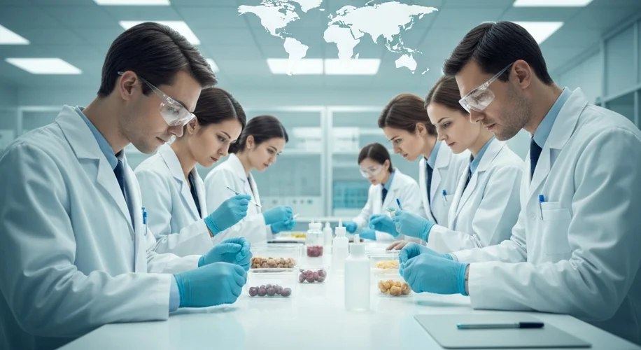 A modern, diverse group of scientists and inspectors examining food samples in a sterile laboratory,
