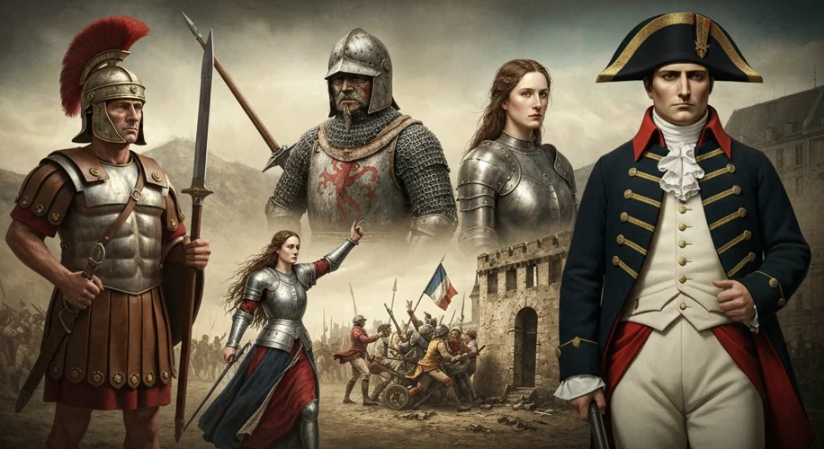 A montage showing key moments in French history: a Roman legionary, a medieval knight, a figure of J