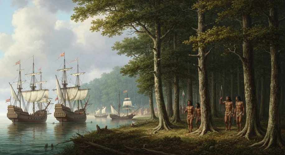 A depiction of the first English settlers landing on the shores of Jamestown, Virginia in 1607, with