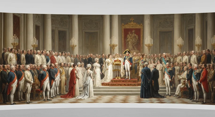 A grand coronation ceremony in a European palace, featuring Napoleon Bonaparte being crowned Emperor