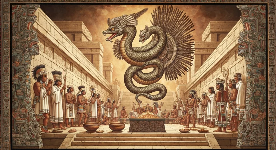 A vibrant mural depicting an Aztec religious ceremony with priests, a feathered serpent deity, and s