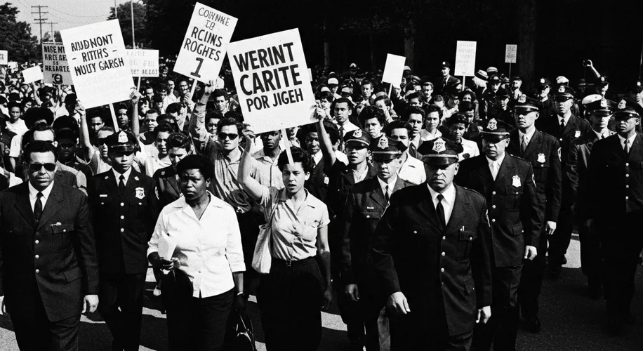 A black and white photograph depicting a civil rights march in the American South during the 1950s o