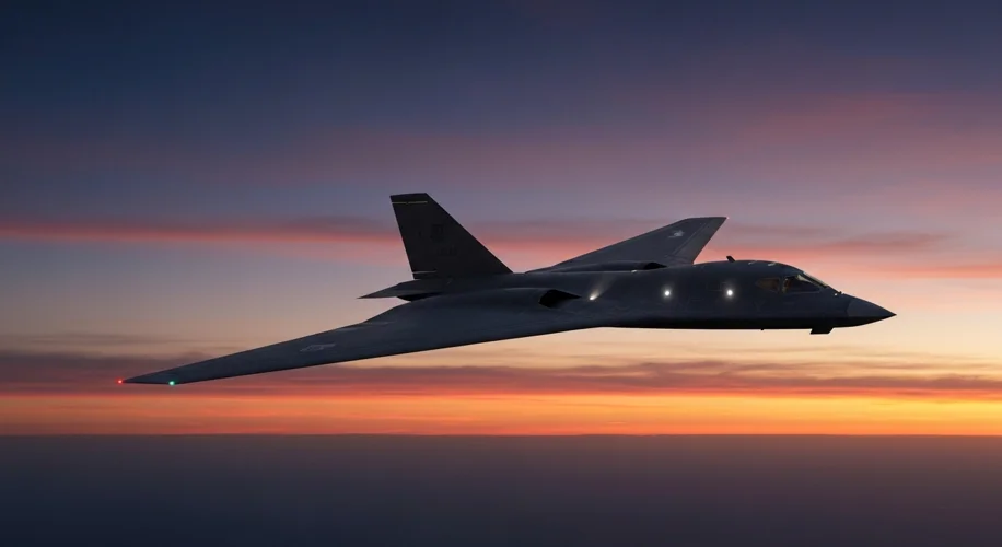 A sleek, futuristic B-2 Spirit stealth bomber flying against a twilight sky, its unique flying wing 