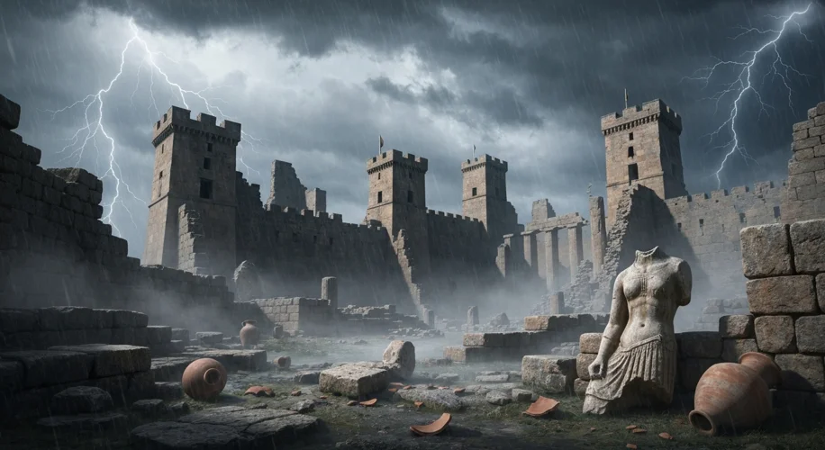 A desolate Mycenaean citadel in ruins under a stormy sky, with scattered pottery shards and a lone, 