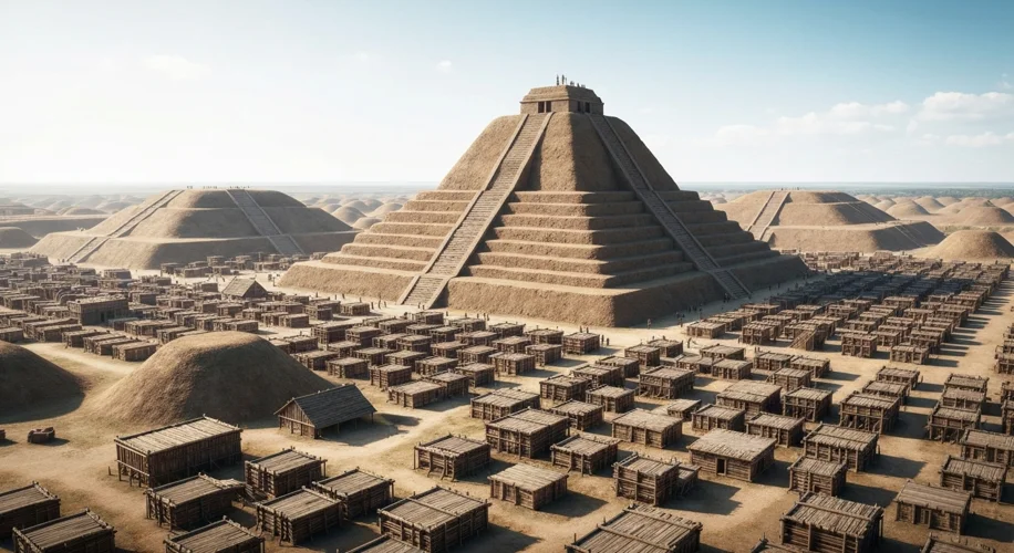 An aerial view of a vast Native American city with a massive central earthen pyramid surrounded by s