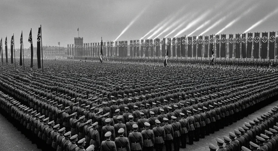 A black and white photograph of a massive Nazi rally in Nuremberg, Germany, with thousands of discip