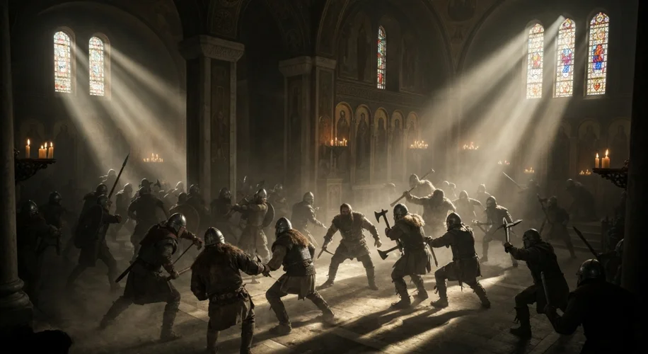 A dimly lit, ornate Byzantine church interior with a chaotic brawl taking place. Norse warriors with