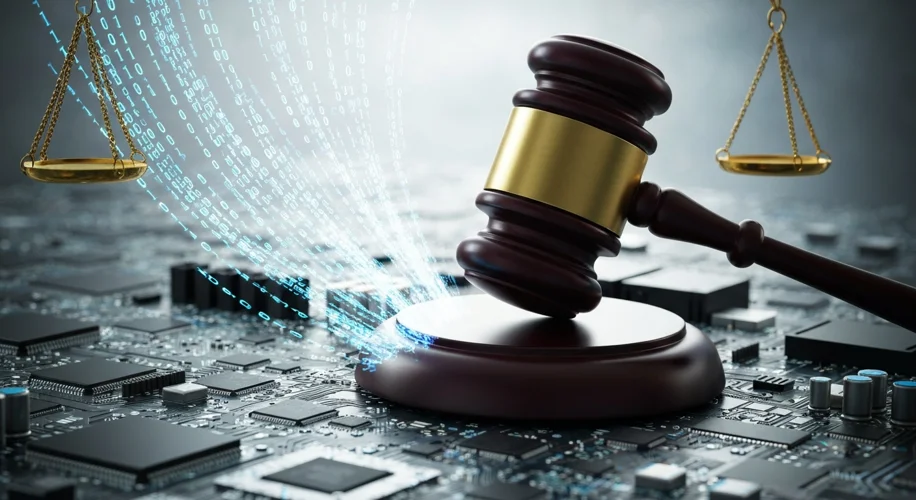 A gavel striking a digital motherboard, with binary code flowing around it, symbolizing the intersec