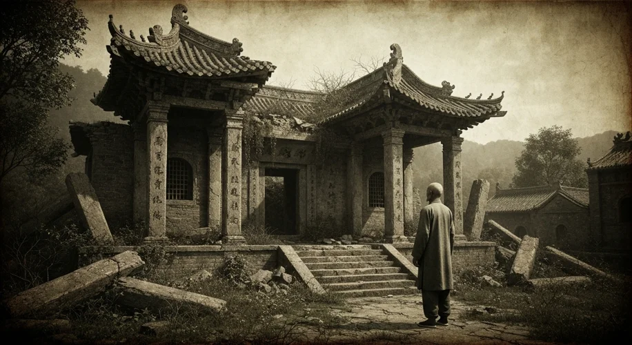 A faded, sepia-toned photograph of a dilapidated temple in rural China, showing signs of destruction