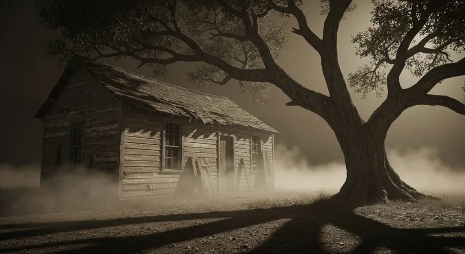 A sepia-toned photograph of a weathered wooden shack in the rural American South during the 1930s. A