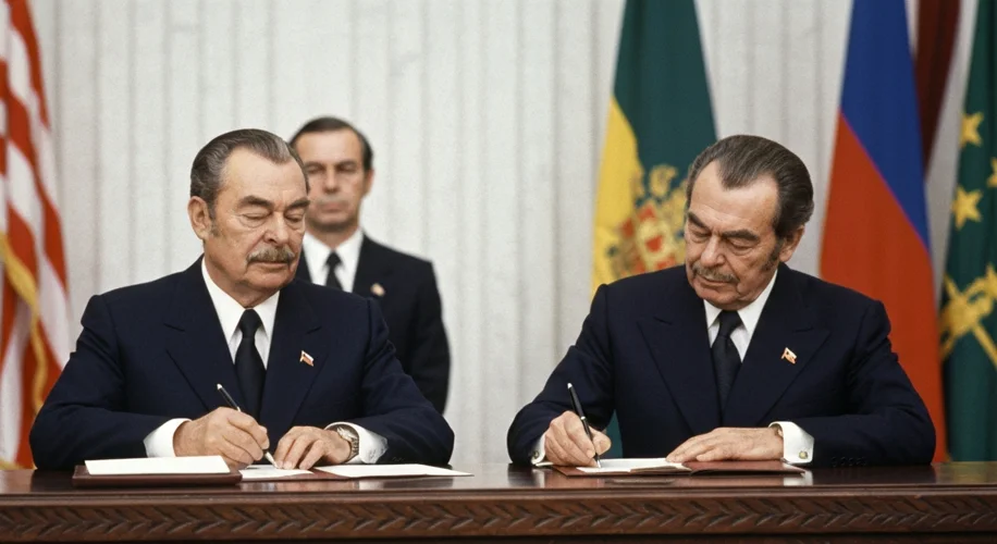 President Richard Nixon and Soviet leader Leonid Brezhnev shaking hands during the SALT I treaty sig