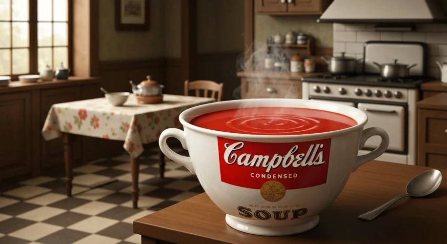 A vintage advertisement for Campbell's condensed tomato soup, featuring the iconic red and white lab