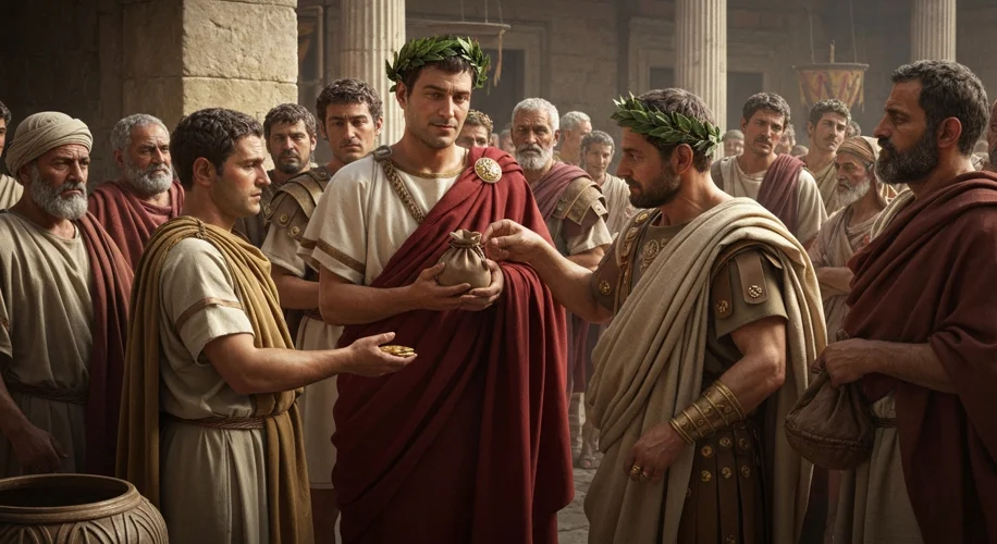 An ancient Roman marketplace scene with a senator subtly accepting a pouch of coins from a merchant,