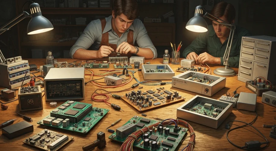 A 1970s garage workshop with early personal computer components, circuit boards, and tools scattered