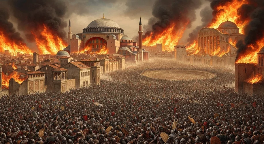 A dramatic scene of the Fourth Crusade depicting crusaders sacking Constantinople, with flames risin
