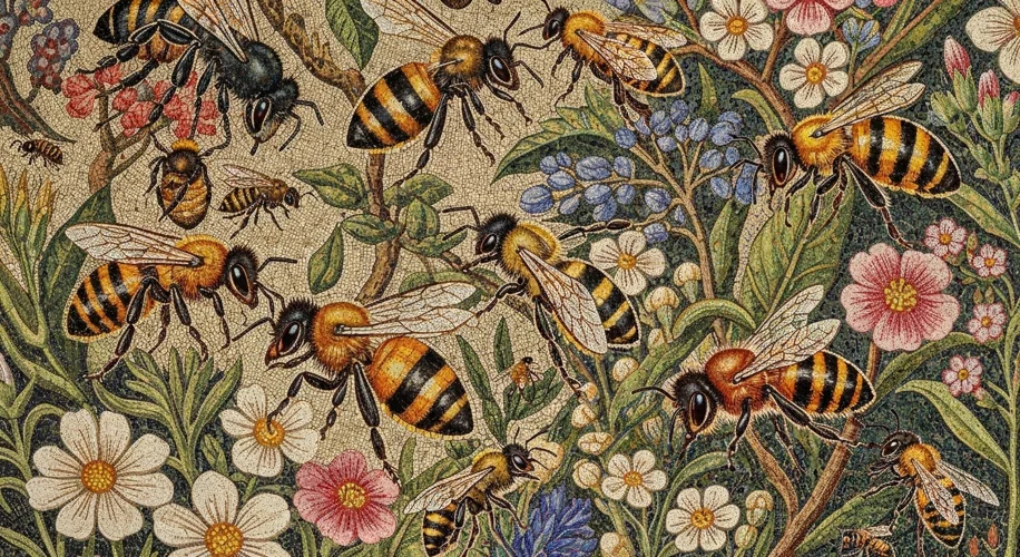 A Roman mosaic depicting a vibrant scene of bees collecting nectar from flowers in an apiary. The mo