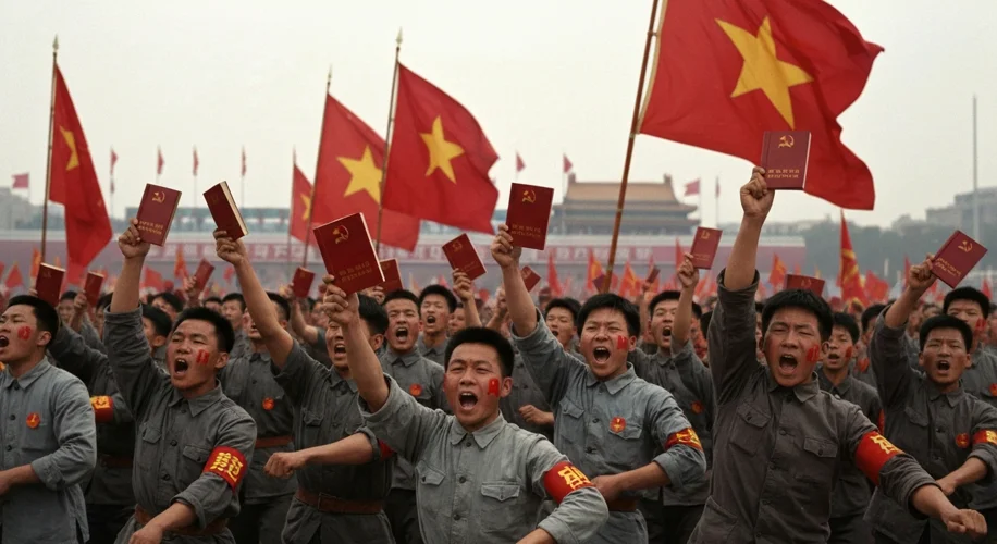 Young Chinese Red Guards, dressed in Mao-era clothing and red armbands, enthusiastically waving "Lit