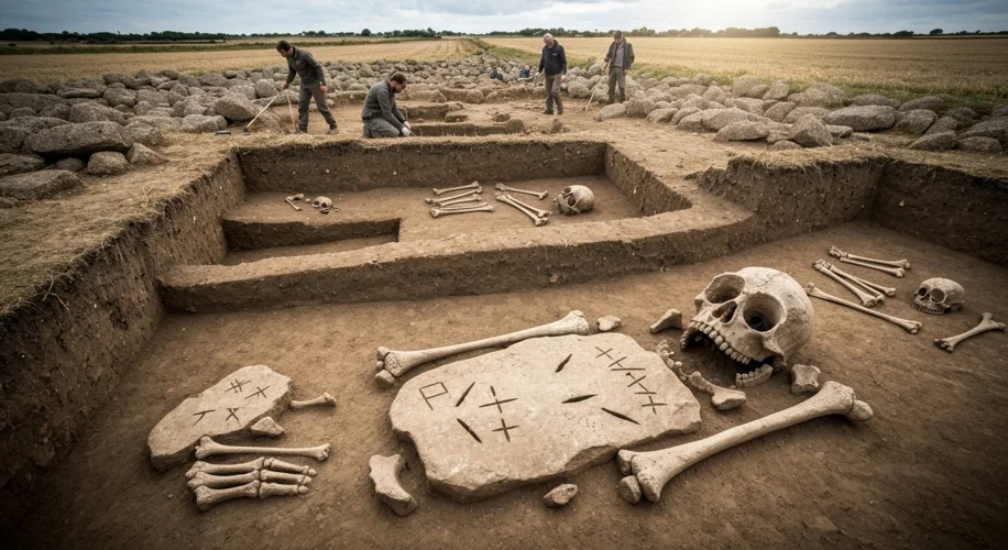 Archaeologists carefully excavating a Neolithic burial site in Carnac, France, revealing skeletal re
