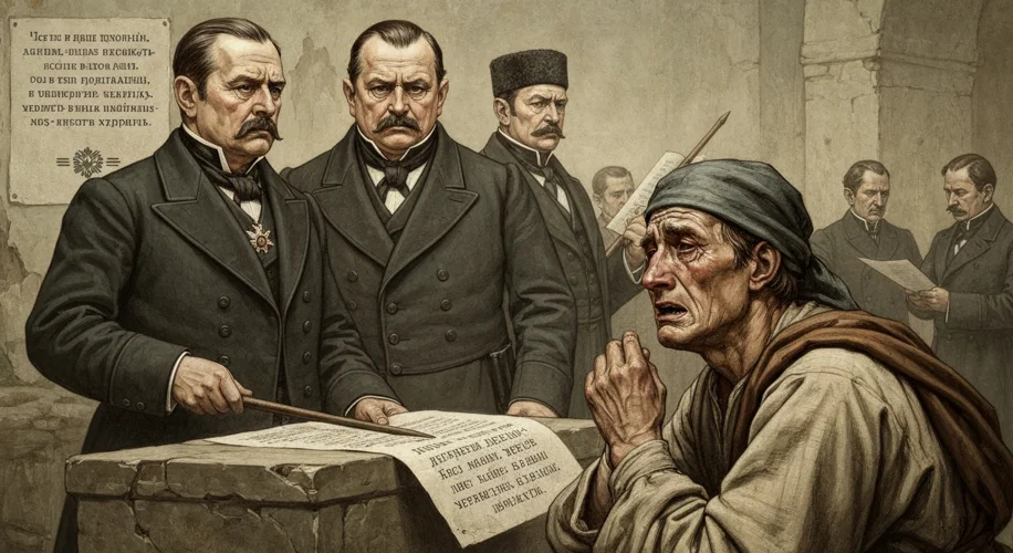 A historical illustration depicting the 1876 Ems Ukaz decree, showing Russian officials suppressing 