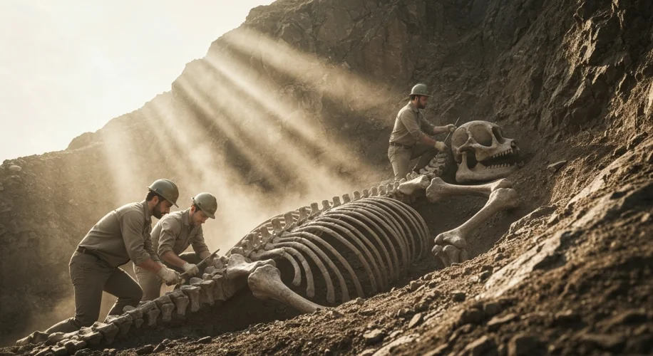A dramatic, low-angle shot of archaeologists carefully excavating a nearly complete fossil skeleton 
